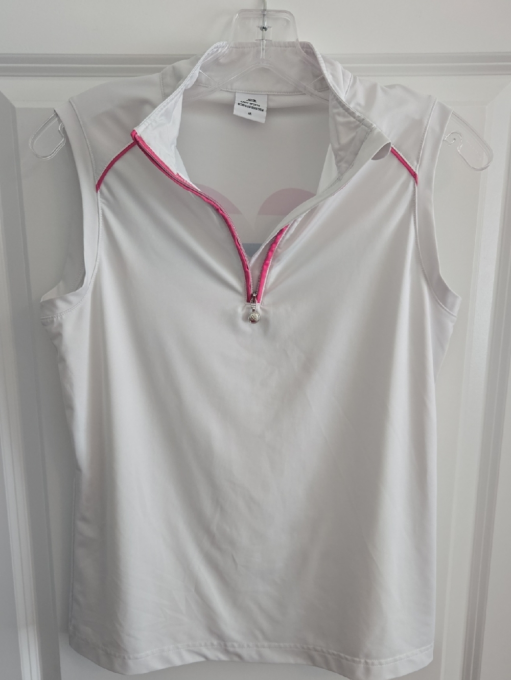 Daily Sports White Sleeveless Quarter-Zip Top with Pink Trim